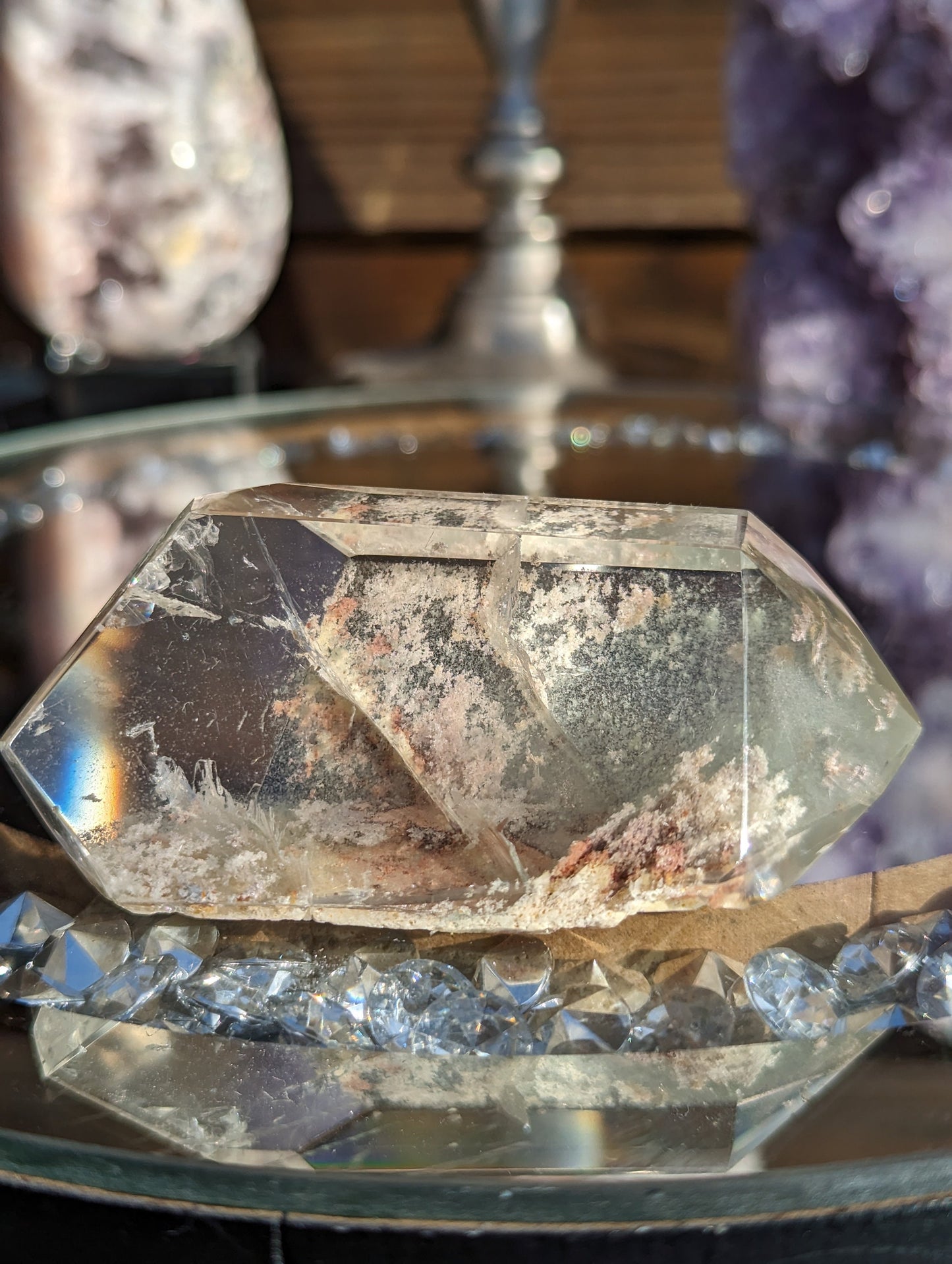 Stunning Lodalite DT with Peachy inclusions and multiple veils
