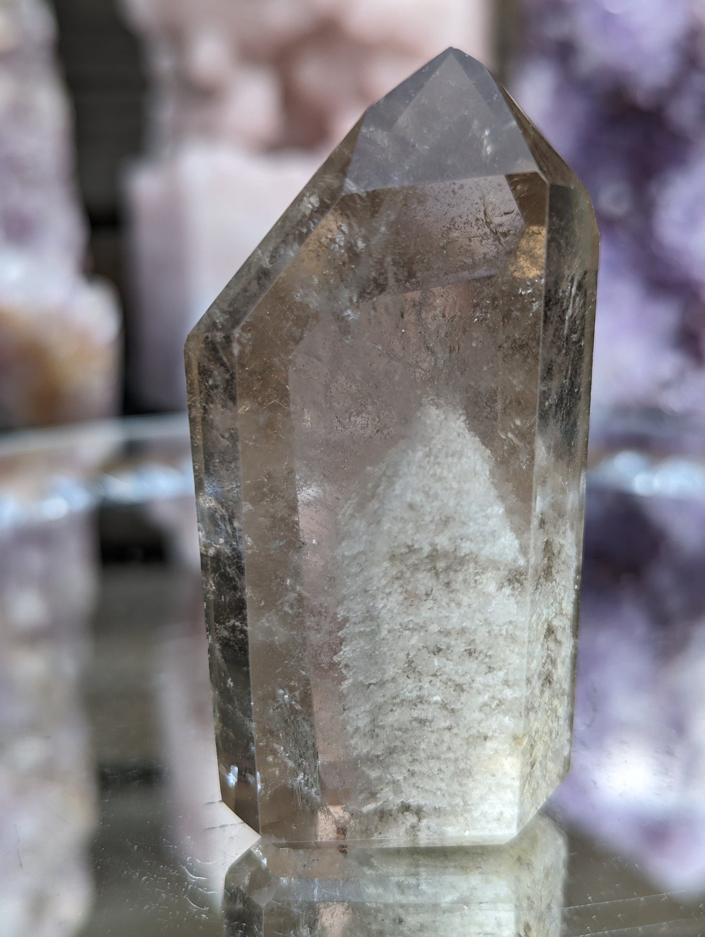 Rare Smokey Lodalite Point with Rainbows and Thousand Layer Inclusions