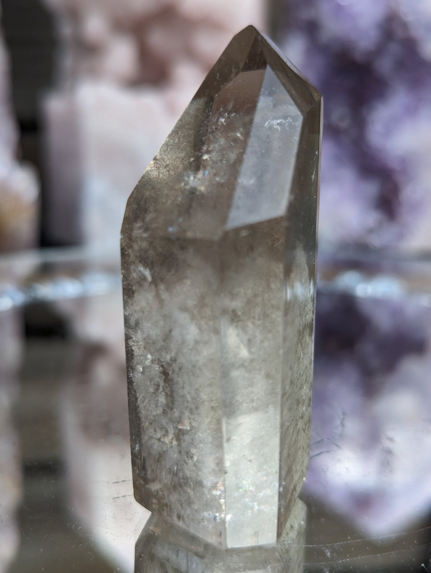 Rare Smokey Lodalite Point with Rainbows and Thousand Layer Inclusions