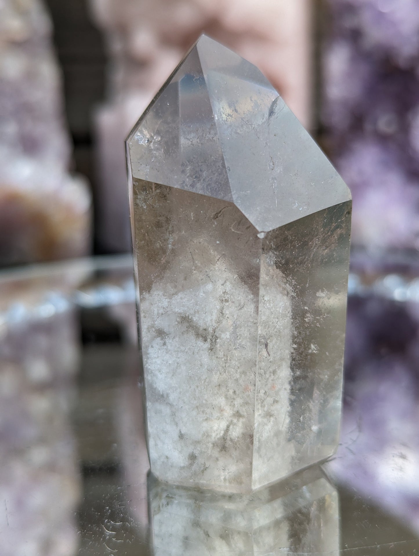 Rare Smokey Lodalite Point with Rainbows and Thousand Layer Inclusions
