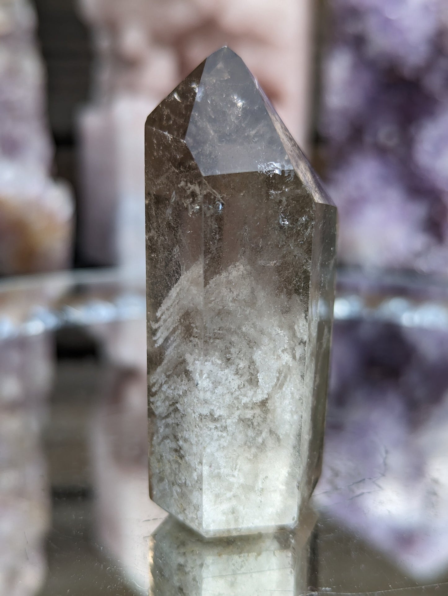 Rare Smokey Lodalite Point with Rainbows and Thousand Layer Inclusions