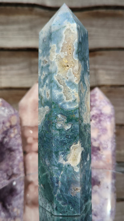 Blue Moss Agate & Quartz Tower | Stability & Security