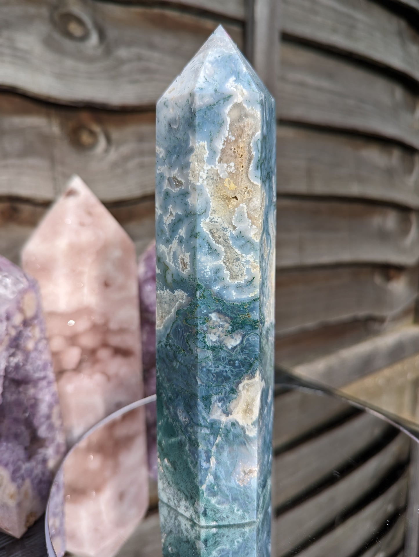 Blue Moss Agate & Quartz Tower | Stability & Security