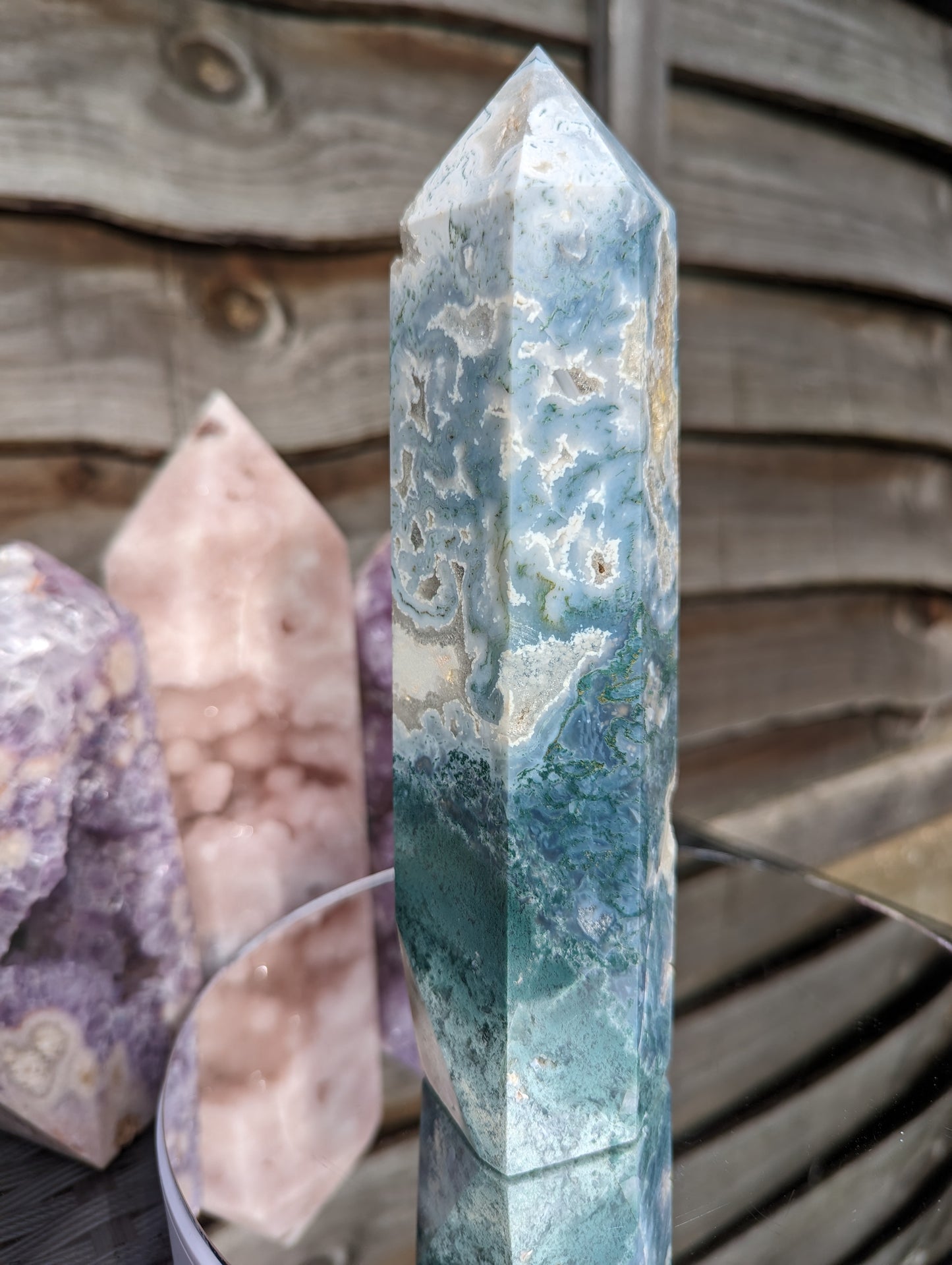 Blue Moss Agate & Quartz Tower | Stability & Security