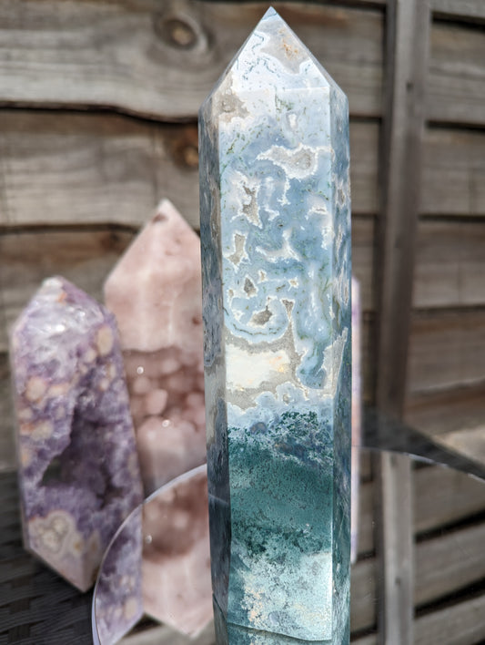 Blue Moss Agate & Quartz Tower | Stability & Security