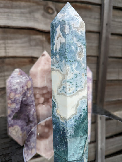 Blue Moss Agate & Quartz Tower | Stability & Security