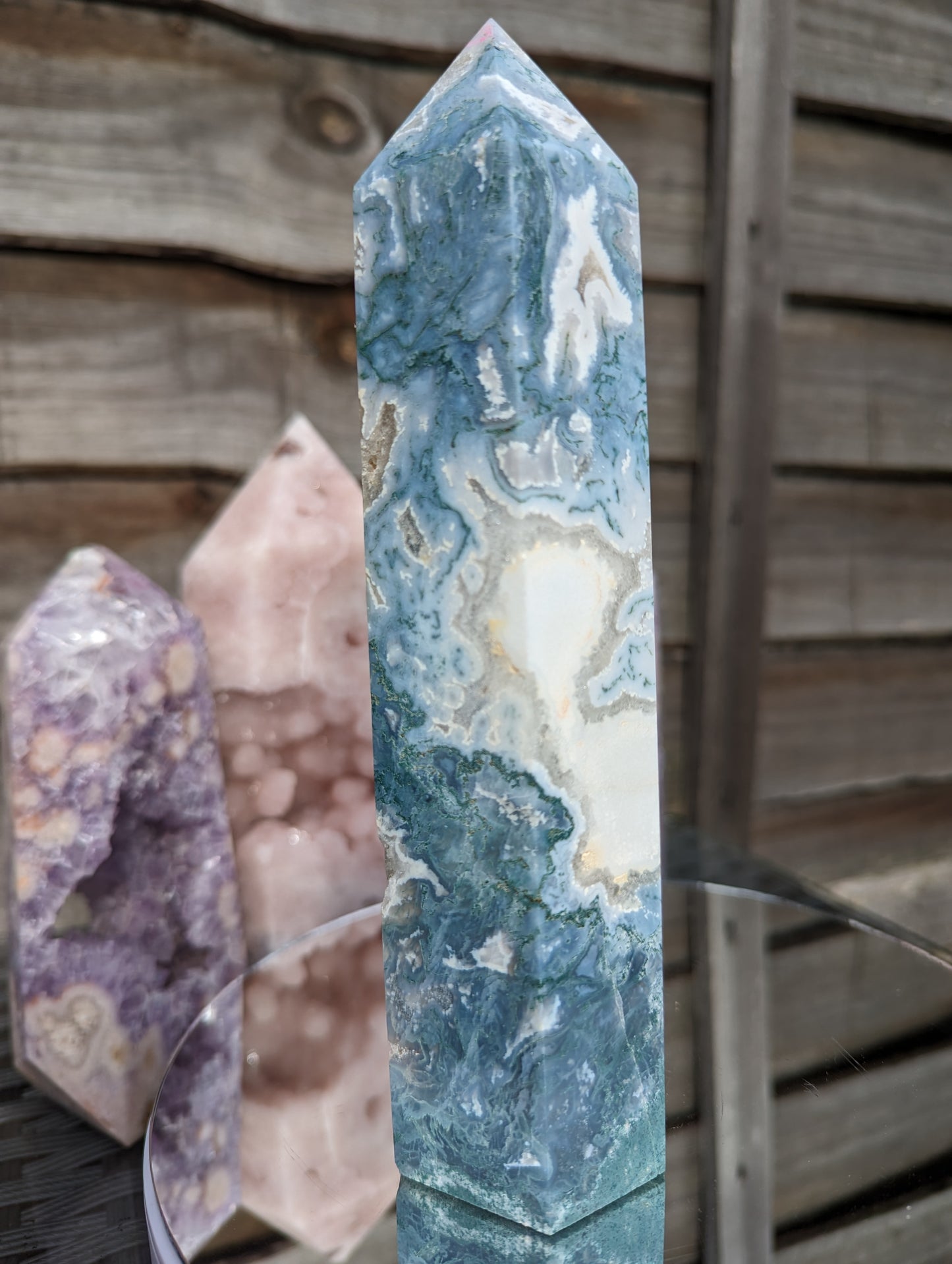 Blue Moss Agate & Quartz Tower | Stability & Security